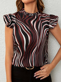 kkboxlyCasual Allover Print Ruffle Trim Blouse, Mock Neck Short Sleeve Blouse For Spring & Summer, Women's Clothing