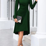 kkboxly  Ruched Solid Midi Dress, Elegant Crew Neck Long Sleeve Dress, Women's Clothing