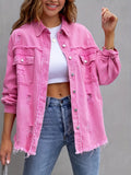 Plain Ripped Holes Lapel Denim Jackets, Distressed Raw Hem Long Sleeves Casual Denim Coats, Women's Denim  Clothing