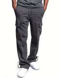 kkboxly  Plus Fleece Warm Men's Solid Loose Drawstring Cargo Pants With Multi-pocket For Winter Outdoor, All-match Pants