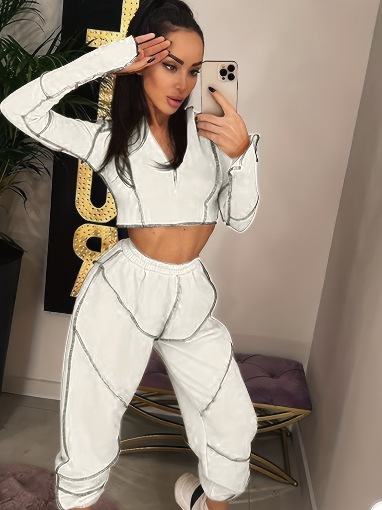kkboxly  Y2K Top Stitching Two-piece Set, Zip Up Crop Top & Elastic Jogger Pants Outfits, Women's Clothing