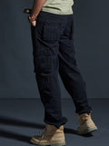dunnmall  kkboxly  Cotton Solid Multi Flap Pockets Men's Straight Leg Cargo Pants,  Loose Casual Outdoor Pants, Men's Work Pants For Hiking Fishing Angling