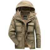 kkboxly  Men's Cargo Jacket Warm Coats Fleece Lined Military Jackets Cotton With Removable Hood