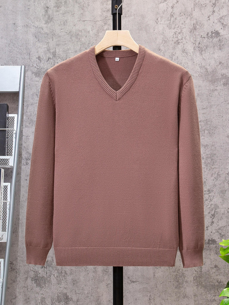 kkboxly  All Match Knitted Solid Sweater, Men's Casual Warm Slightly Stretch V Neck Pullover Sweater For Men Fall Winter