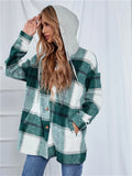 kkboxly  Plus Size Casual Coat, Women's Plus Colorblock Plaid Print Drawstring Hooded Long Sleeve Button Up Overcoat With Pockets