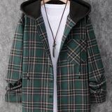 Fashionable And Versatile Men's College Style Casual Plaid Hoodies Button Drawstring Shirt Jacket, Suitable For Outdoor