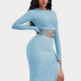 kkboxly  Solid Casual Two-piece Set, Tie Back Cropped Tops & Bag Hip Split Skirts Outfits, Women's Clothing