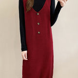 kkboxly  Solid Button Decor V Neck Knitted Dress, Elegant Sleeveless Tank Dress For Fall & Winter, Women's Clothing