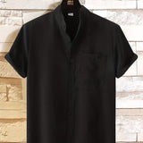 kkboxly  Casual Linen Men's Stand Collar Short Sleeve Shirt With Chest Pocket, Solid Color Men's Shirt For Summer Outdoor, Gift For Men