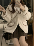 kkboxly  Contrast Trim Button Front Plush Coat, Casual Long Sleeve Dual Pockets Lapel Coat For Fall & Winter, Women's Clothing