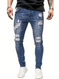 kkboxly  Slim Fit Ripped Jeans, Men's Casual Street Style Distressed Mid Stretch Denim Pants For Spring Summer