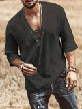 kkboxly  Men's Retro Shirt Top V Neck Lace Up Collar Middle Sleeves Closure Regular Fit Male Casual Shirt For Daily Beach Resorts Summer