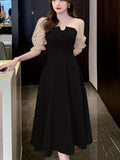 kkboxly  Contrast Mesh Ruffle Dress, Elegant Puff Sleeve Evening Party Dress, Women's Clothing