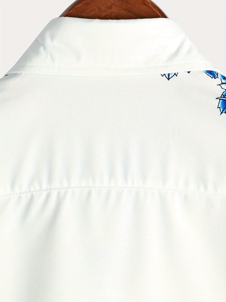 kkboxly  Blue Flowers Print, Men’s Button Up Short Sleeve Shirt Regular Fit For Beach Summer