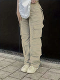 kkboxly  Plain High Rise Cargo Denim Pants, Loose Solid Color Retro Cargo Jeans, Street Casual Style, Women's Denim Jeans & Clothing