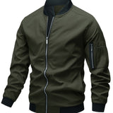 kkboxly  Classic Design Track Jacket, Men's Casual Baseball Collar Solid Color Zip Up Jacket For Spring Fall