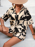 2025 kkboxly  Geo Print Casual Two-piece Set, Button Front Short Sleeve Shirt & Drawstring Shorts Outfits, Women's Clothing