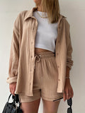 2025 kkboxly  Solid Pocket Matching Two-piece Set, Casual Long Sleeve Shirt & Drawstring Shorts Outfits, Women's Clothing