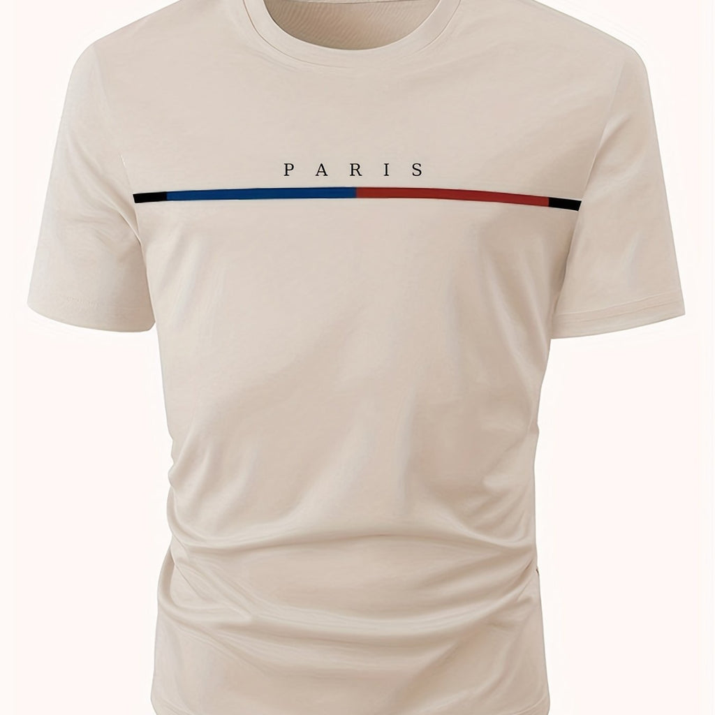 kkboxly  Paris Theme Pattern Print Men's Comfy T-shirt, Graphic Tee Men's Summer Clothes, Men's Outfits