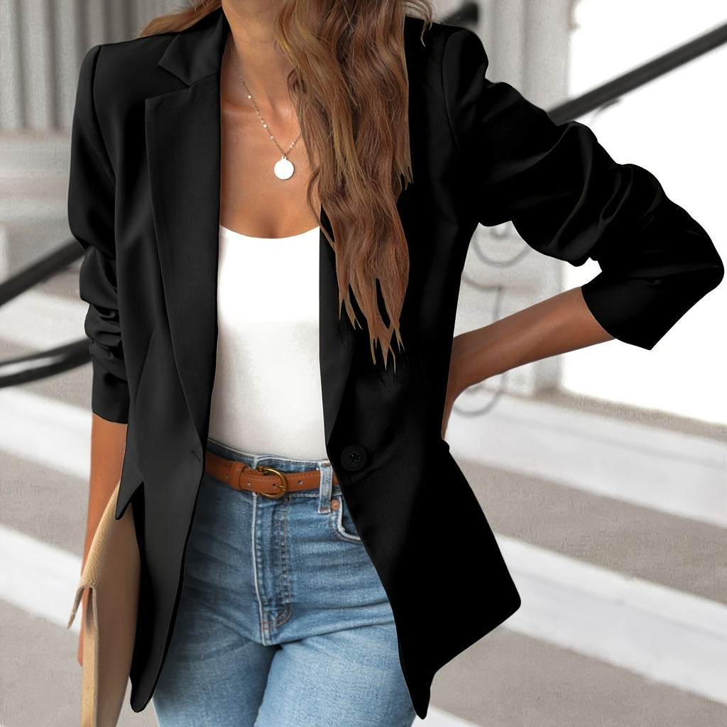 kkboxly  Solid Lapel Blazer Jacket, Casual Long Sleeve Work Office Outerwear With Pockets, Women's Clothing