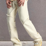 kkboxly  Chic Loose Fit Jeans, Men's Casual Street Style Raw Trim Denim Pants For Spring Summer