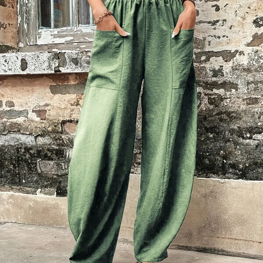 kkboxly  Boho Solid Elastic Waist Harem Pants, Casual Long Length Baggy Pants With Pockets For Spring & Summer, Women's Clothing