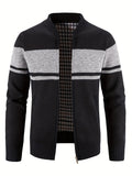 kkboxly  Warm Color Block Fleece Jacket, Men's Casual Comfortable Baseball Collar Zip Up Knitted Cardigan For Fall Winter, Men's Tops