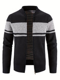 kkboxly  All Match Knitted Color Block Design Band Collar Cardigan, Men's Casual Warm Slightly Stretch Zip Up Jacket For Fall Winter