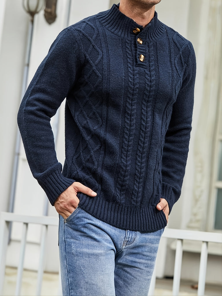kkboxly  Men's Cable Knit Button Retro  Long Sleeve Pullover Sweater