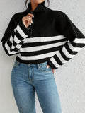 kkboxly  Striped Zip Turndown Collar Crop Sweater, Casual Long Sleeve Drop Shoulder Sweater, Women's Clothing