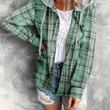 kkboxly  Hooded Plaid Print Blouse, Casual Button Front Drawstring Long Sleeve Blouse, Women's Clothing