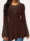 Solid Contrast Lace Crew Neck Asymmetrical Hem T-shirt, Elegant Long Flare Sleeve T-shirt, Women's Clothing