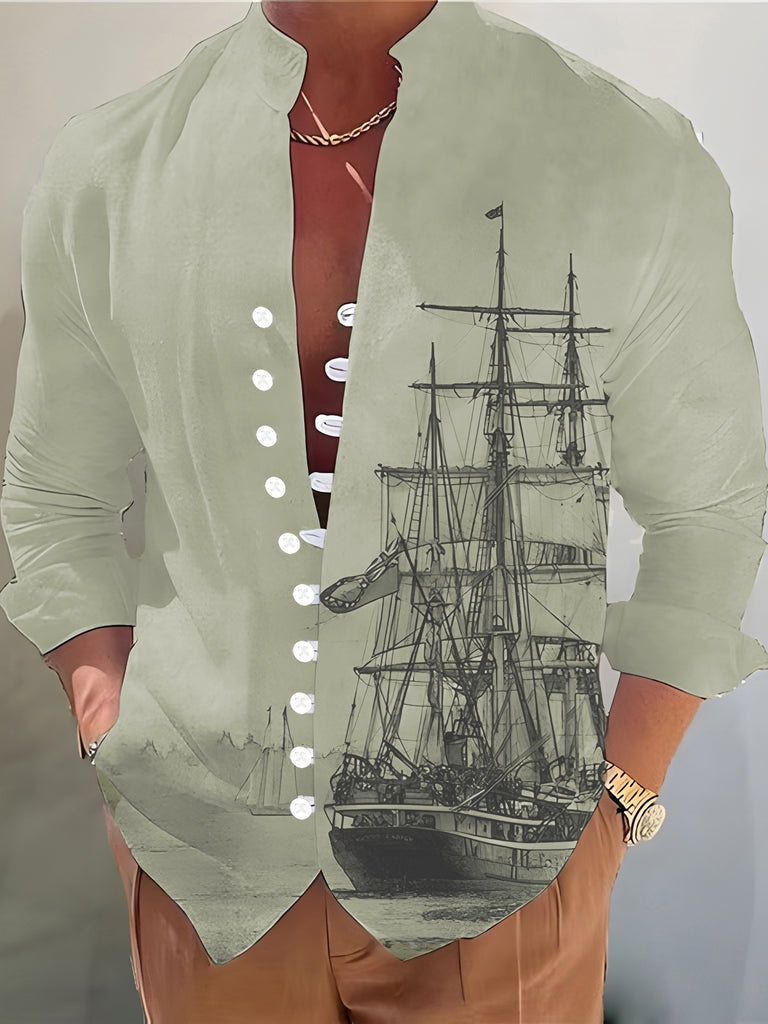 kkboxly  Sailboat 3D Pattern Print Men's Casual Long Sleeve Shirt, Men's Shirt For Spring Summer Autumn, Tops For Men