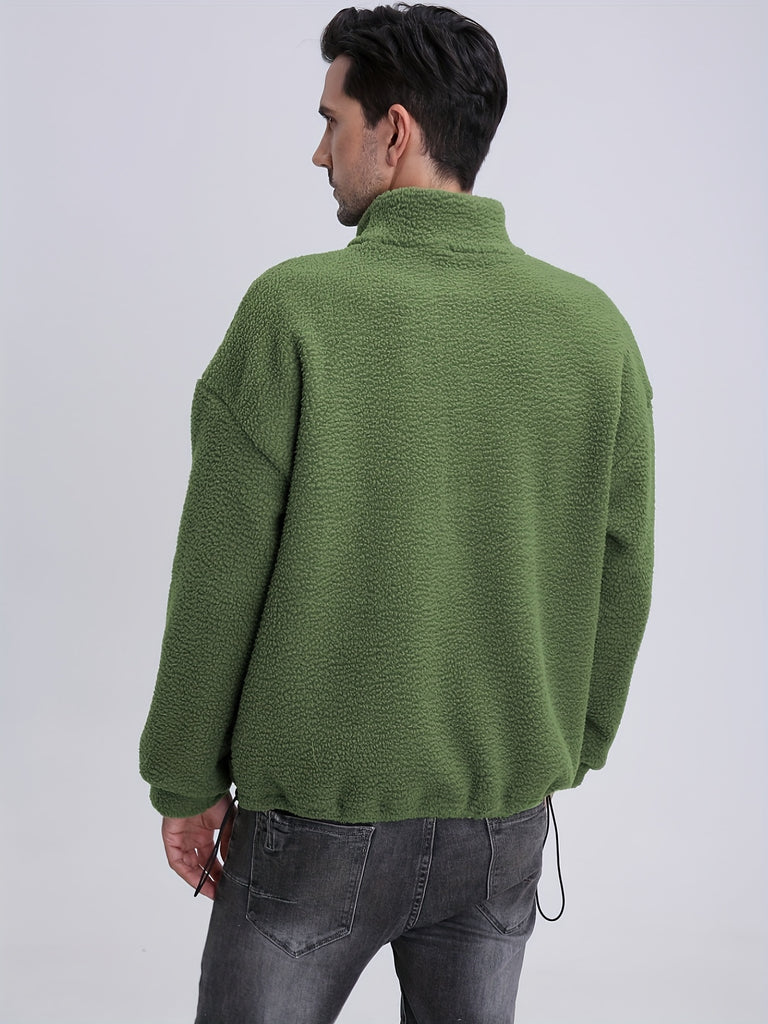kkboxly  Polar Fleece Trendy Sweatshirt, Men's Casual Solid V Neck Pullover Sweatshirt For Men Fall Winter
