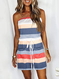Kkboxly  Striped Off Shoulder Dress, Casual Drawstring Pockets Vacation Mini Dress, Women's Clothing