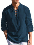 kkboxly  Men's Casual Cotton Linen Shirt Solid Color Drawstring Shirt