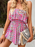 2025 kkboxly  Off Shoulder Tribal Print Rompers, Boho Sleeveless Shirred Rompers, Women's Clothing