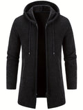 kkboxly  Warm Mid-length Hooded Fleece Coat, Men's Comfortable Solid Color Zip Up Knitted Cardigan For Spring Fall