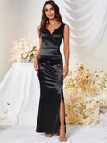 kkboxly  Solid V Neck Dress, Elegant Sleeveless Split Bodycon Dress For Party & Banquet, Women's Clothing