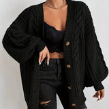kkboxly  Plus Size Casual Cardigan, Women's Plus Solid Cable Knitted Lantern Sleeve Button Up High Stretch Sweater Cardigan