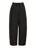 kkboxly  Plus Size Casual Pants, Women's Plus Solid Drawstring Straight Leg Pants With Pockets