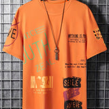 kkboxly  Men's Stylish Slogan Print Trendy T-shirt, Crew Neck Short Sleeve Tops, Graphic Tee Men's Clothes Summer, Men's Outfits