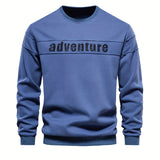kkboxly  Adventure Letter Print Trendy Cotton Blend Sweatshirt, Men's Casual Graphic Design Crew Neck Pullover Sweatshirt For Men Fall Winter