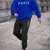 2pcs, Paris Print, Men's Hoodie And Joggers Set For Spring And Fall