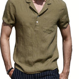 kkboxly  Solid Color Men's Casual Button Up Short Sleeve Lightweight Polo Shirt With Chest Pocket, Men's Polo For Summer