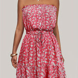 kkboxly  Ditsy Floral Off Shoulder Dress, Sexy Sleeveless Drawstring Summer Dress, Women's Clothing