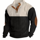 kkboxly Retro Color Block Knitted Ribbed Sweater, Men's Casual Warm Mid Stretch Stand Collar Pullover Sweater For Men Fall Winter