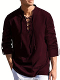 kkboxly  Men's Casual Cotton Linen Shirt Solid Color Drawstring Shirt