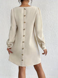 Button Back Solid Dress, Elegant Crew Neck Long Sleeve Dress, Women's Clothing