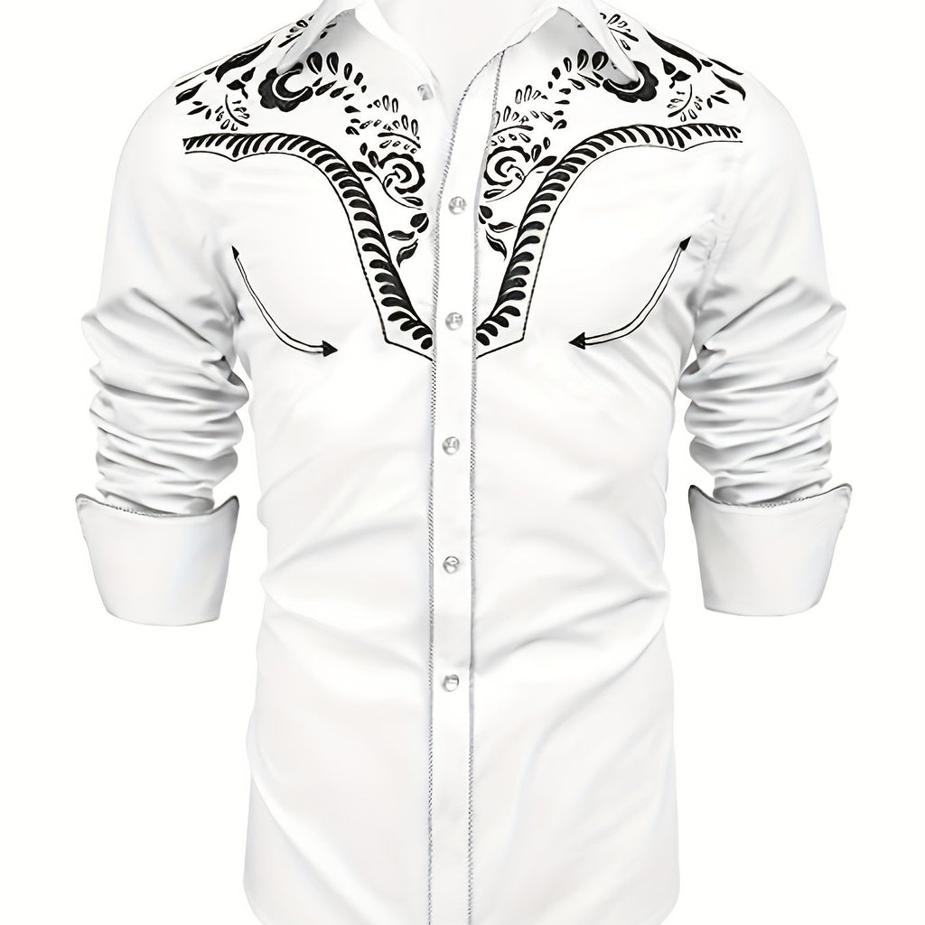 kkboxly 98% Cotton Elegant Western Cowboy Men's Casual Long Sleeve Embroidered Shirt, Men's Shirt For Spring Fall Vacation Resort, Tops For Men